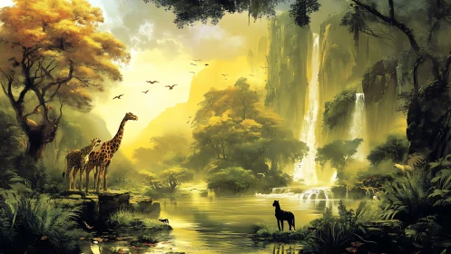 Sunlit giraffes linger where jungle cliffs pour waterfalls