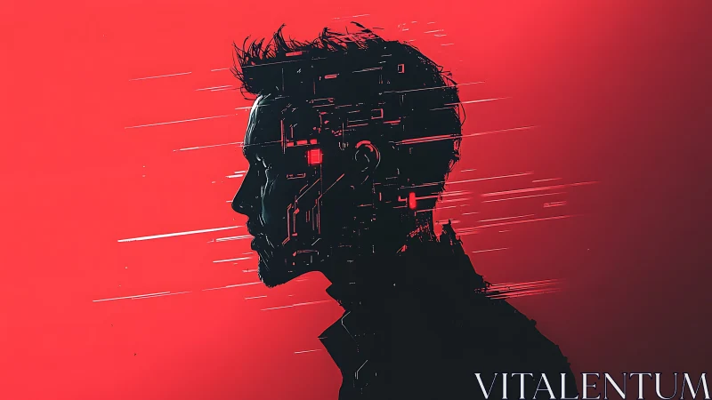 Glitch lit silhouette of a digital daydreamer in red.