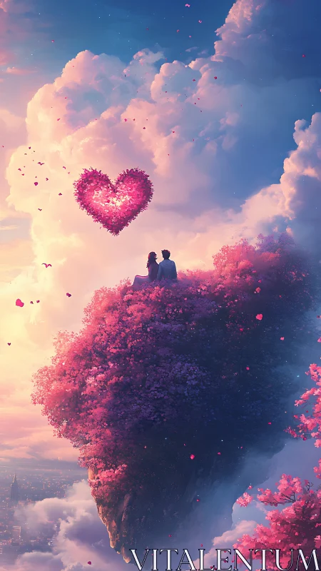 Floating Island Romance: Digital Heart Floating Through Clouds.