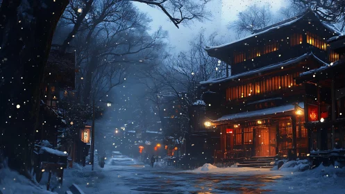 Snow covered traditional street with illuminated wooden inn.