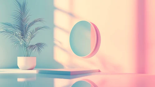 Pastel palm and geometric mirror float in serene light.