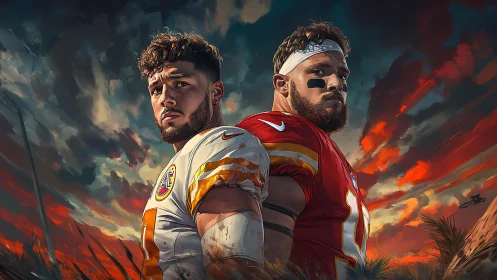 Back-to-back football warriors under blazing sunset sky.