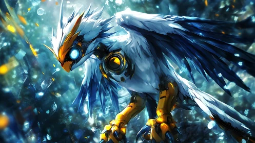 Cybernetically crowned storm hawk ignites frozen skyward.