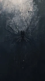 Glistening black spider resting on a moody shadowed wall.
