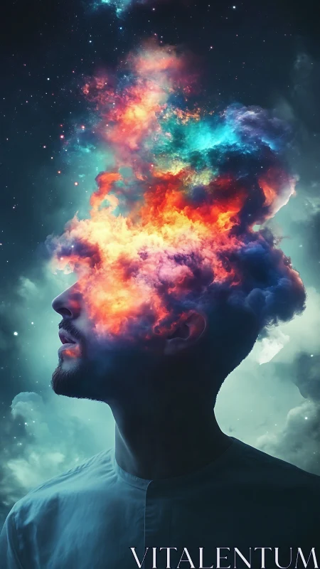 Male profile silhouette dissolves into nebular, multi-spectral cloud