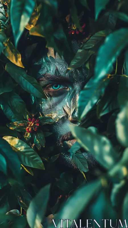 Forest spirit peers through leaves with a shimmering painted gaze
