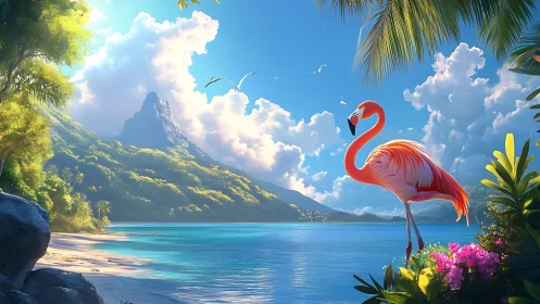 Flamingo overlooks vivid tropical lagoon under bright clouds
