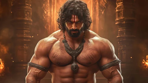 Temple-forged warrior god flexing in molten dusk light.