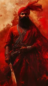Martial warrior portrait in crimson robes with curved sword