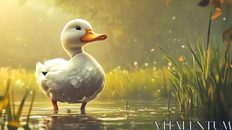 Sunlit duckling stands in glowing pond at golden hour.