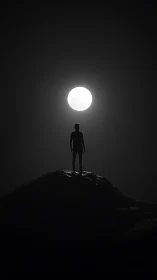Backlit human silhouette stands atop rocky hill under full moon