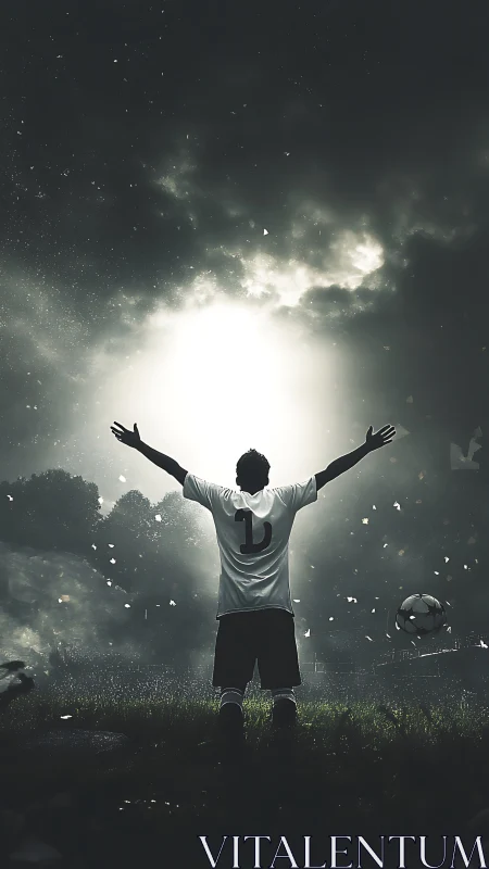 Backlit soccer player exults under stormy stadium spotlight