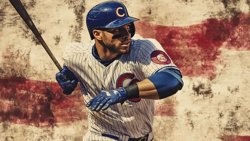 Baseball hitter in dynamic swing against grunge flag backdrop