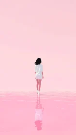 Solitary female figure walks across minimal pink reflective water