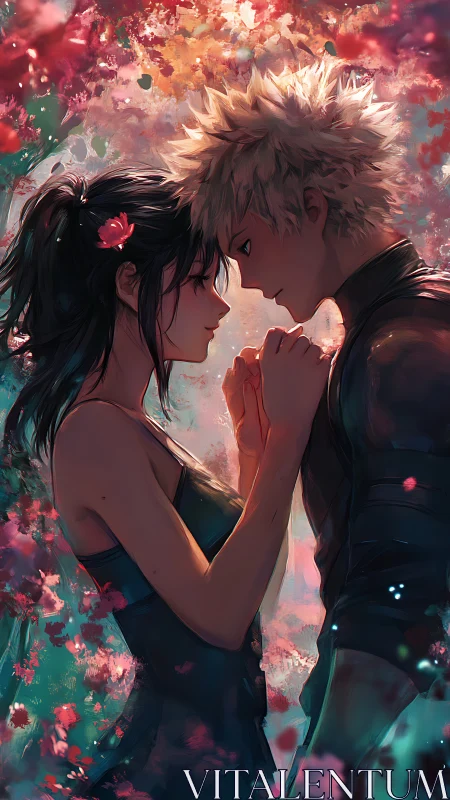 Intimate anime couple framed by soft, colorful blossoms.
