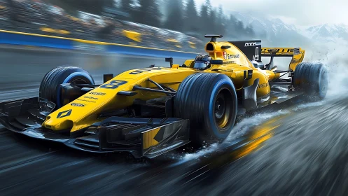 Yellow formula race car on wet mountain circuit in motion.