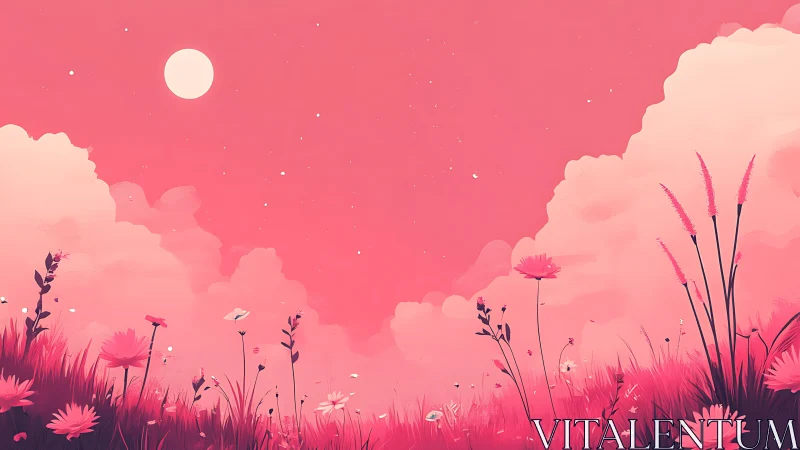 Soft moonlit meadow glows gently under a rosy night sky