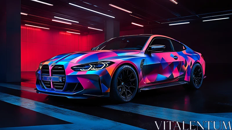 Cyberpunk coupe with prismatic geometric wrap in neon garage.