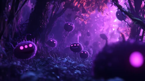 Glowing forest spirits drift through a dreamy violet mist.