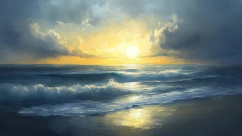 Sun illuminates low ocean waves beneath stratified clouds