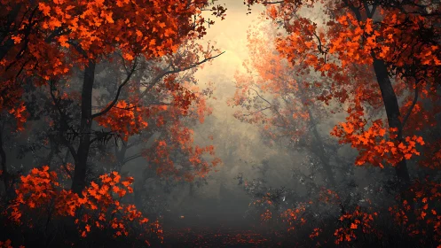 Crimson Forest Path: Autumn Foliage Canopy with Atmospheric Light