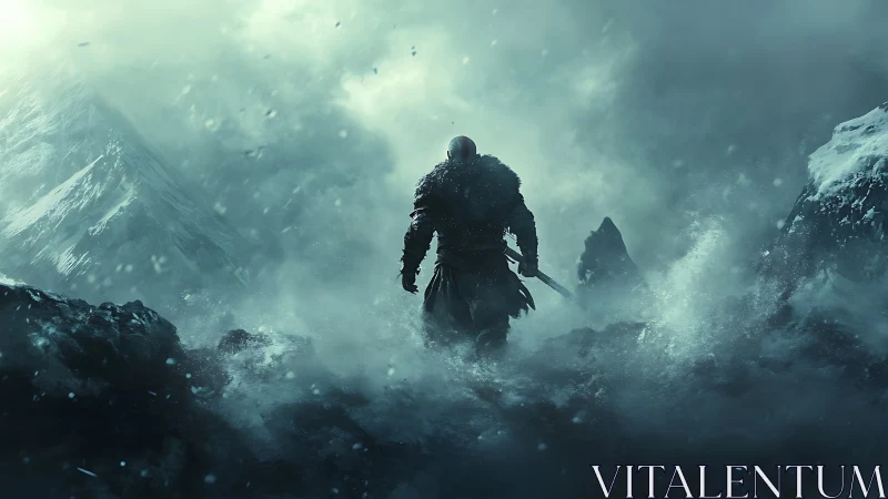 Solitary warrior advances through volumetric arctic blizzard field