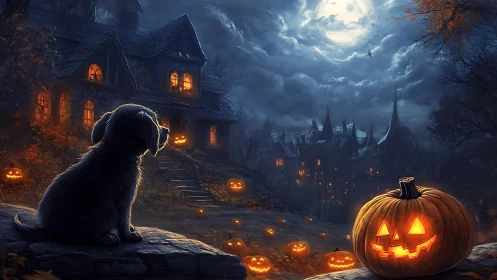 Luminous Halloween canine silhouette amid spectral jack o lanterns.