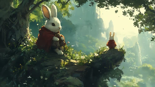 Cloaked rabbit travelers rest on forest cliff at sunrise.