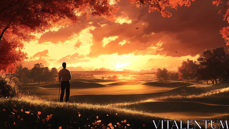 Golfer watching sunset over glowing autumn fairways.