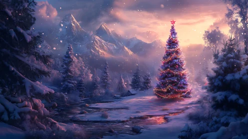 Glowing Christmas tree warms a tranquil snowy mountain valley