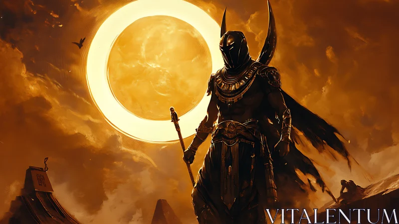 Armored Egyptian sun deity before blazing solar portal