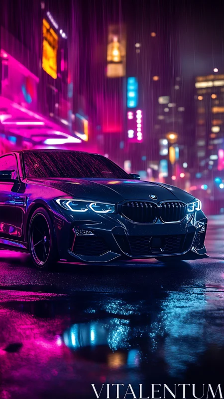 Neon-soaked sports sedan under cyberpunk city rainstorm.