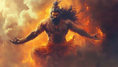 Mythic fire deity in dynamic central composition digital painting.