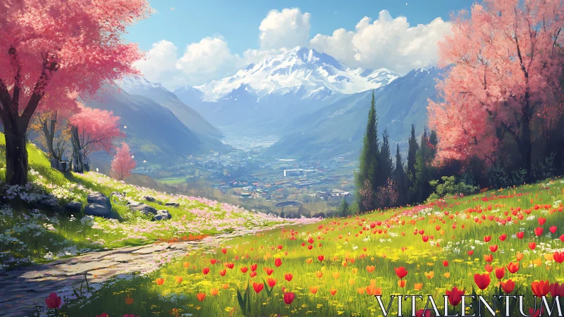 Spring valley path beneath blooming trees and snowy peaks.