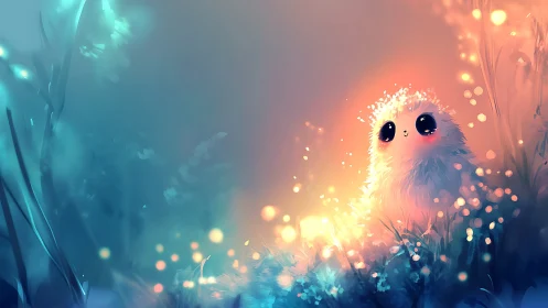 Glowing fluffy creature under bioluminescent twilight haze