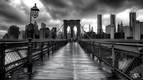 Stormy Brooklyn Bridge walkway reflects dramatic skyline.