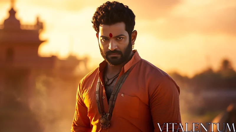 Bearded man stands outdoors against warm sunset background