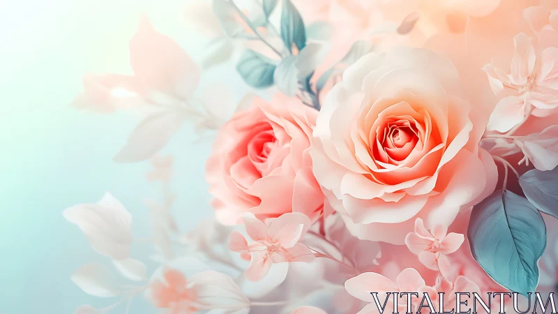 Soft Peach Roses with Teal Foliage in Diffused Light.