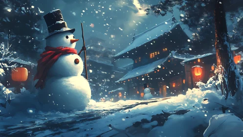 Snowman in lantern lit temple courtyard during snowfall.