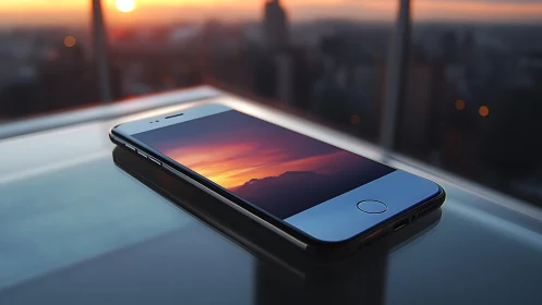 Sunset Captured: Smartphone's Screen Mirrors Urban Dusk Glow.
