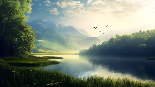 Digital landscape panorama with misted alpine lake lighting.