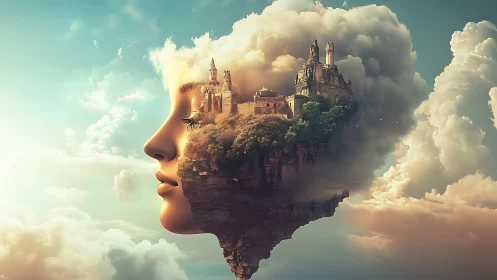 Surreal sky portrait merges dreaming face with floating citadel.