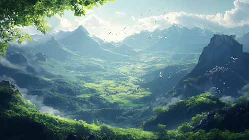 Sunlit valley landscape under towering alpine peaks.