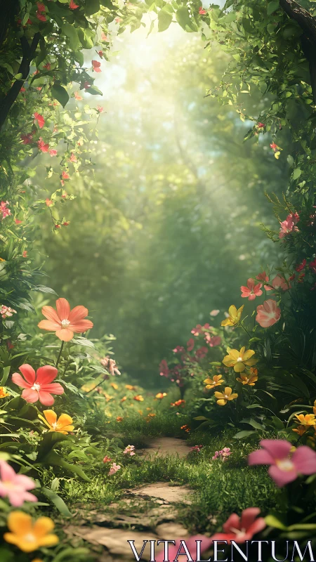 Sunlit garden path bordered by dense flowering vegetation.