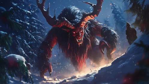 Horned infernal predator traversing nocturnal snowfield terrain.