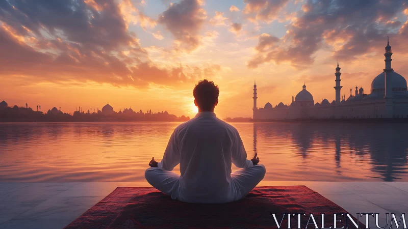 Man meditates beside reflective water at vivid sunrise