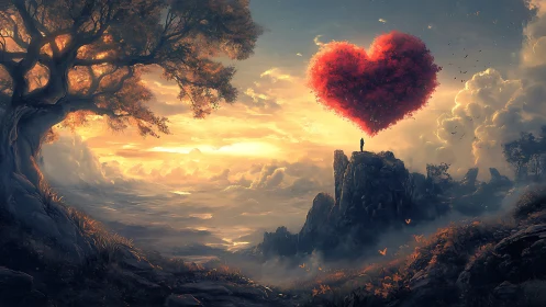 Luminous Heart Formation Floating Above Mountainous Terrain