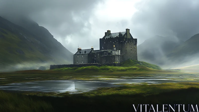 Scottish Highland Castle in Misty Mountain Valley.