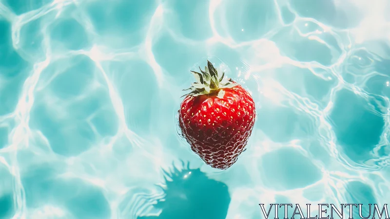 Sunlit strawberry drifting across a sparkling turquoise pool.