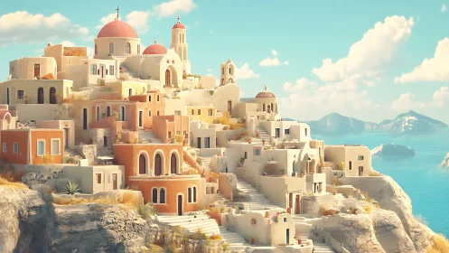Sunlit cliffside village with domed Mediterranean chapels.